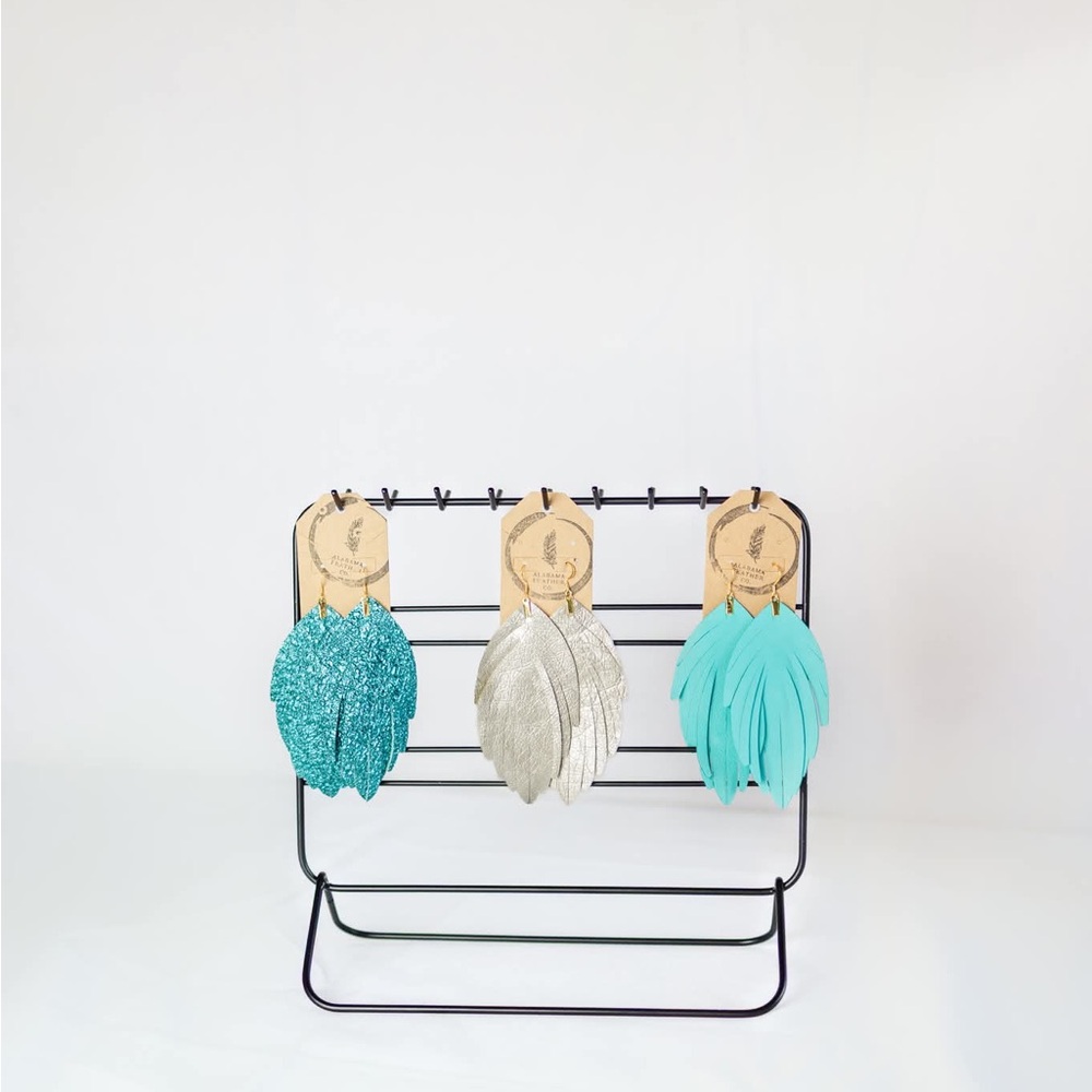 Set of Feather Earrings in Blue, Silver, and Turquoise